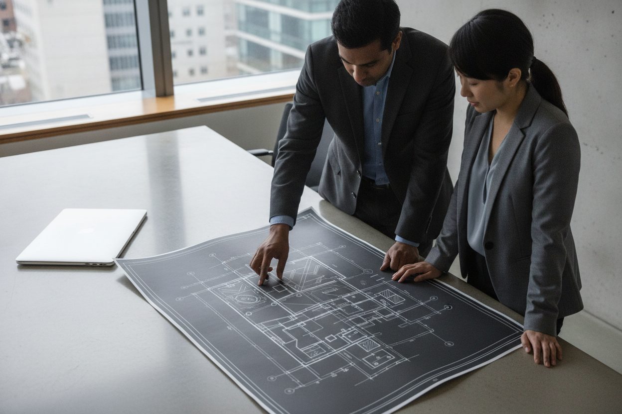 Colleagues reviewing a technical drawing