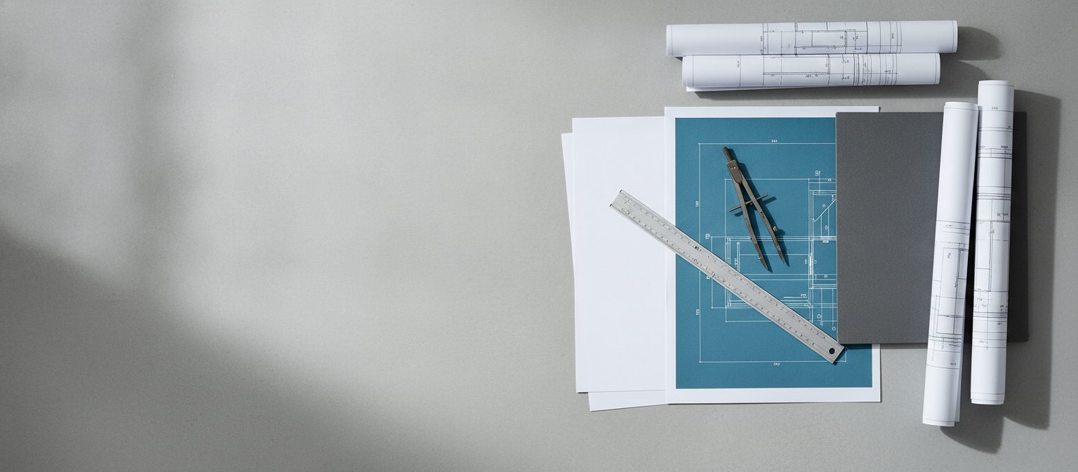 An engineering desk with drawings and instruments