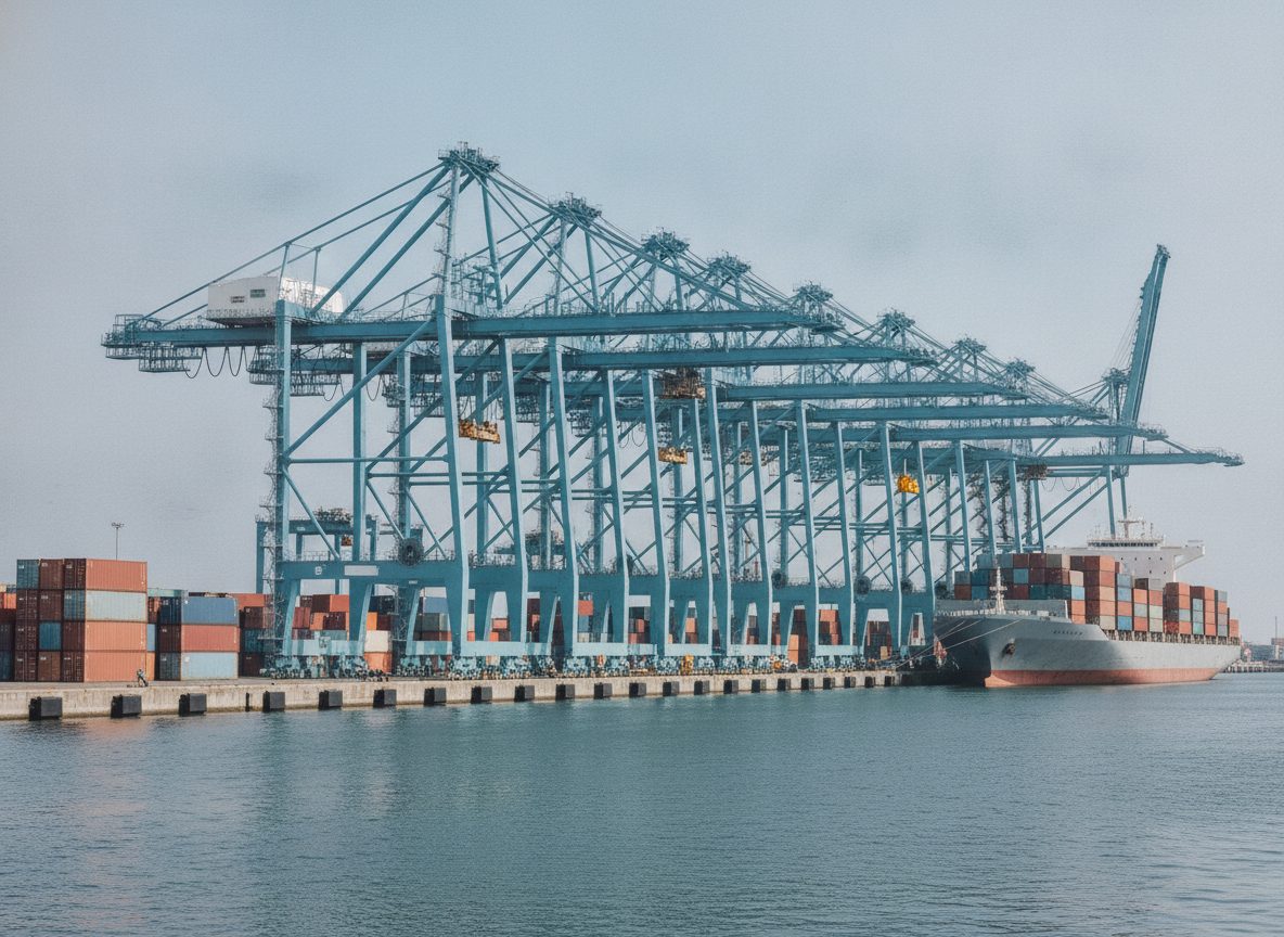 Gantry cranes along a container quay